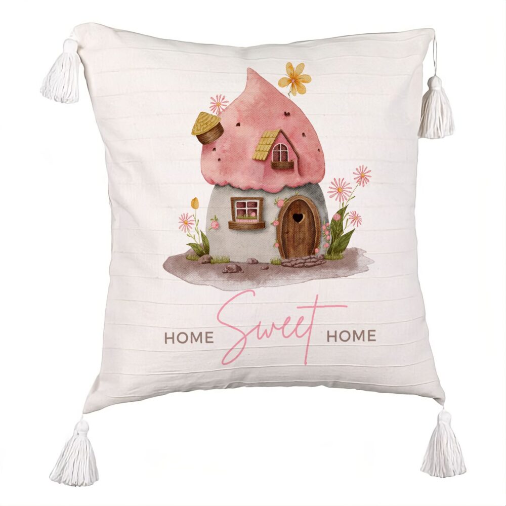 Perna Decorativa cu Franjuri, Model Home Sweet Home 1, 45x45 cm, Ecru, Cu fermoar 5 Perna Decorativa cu Franjuri