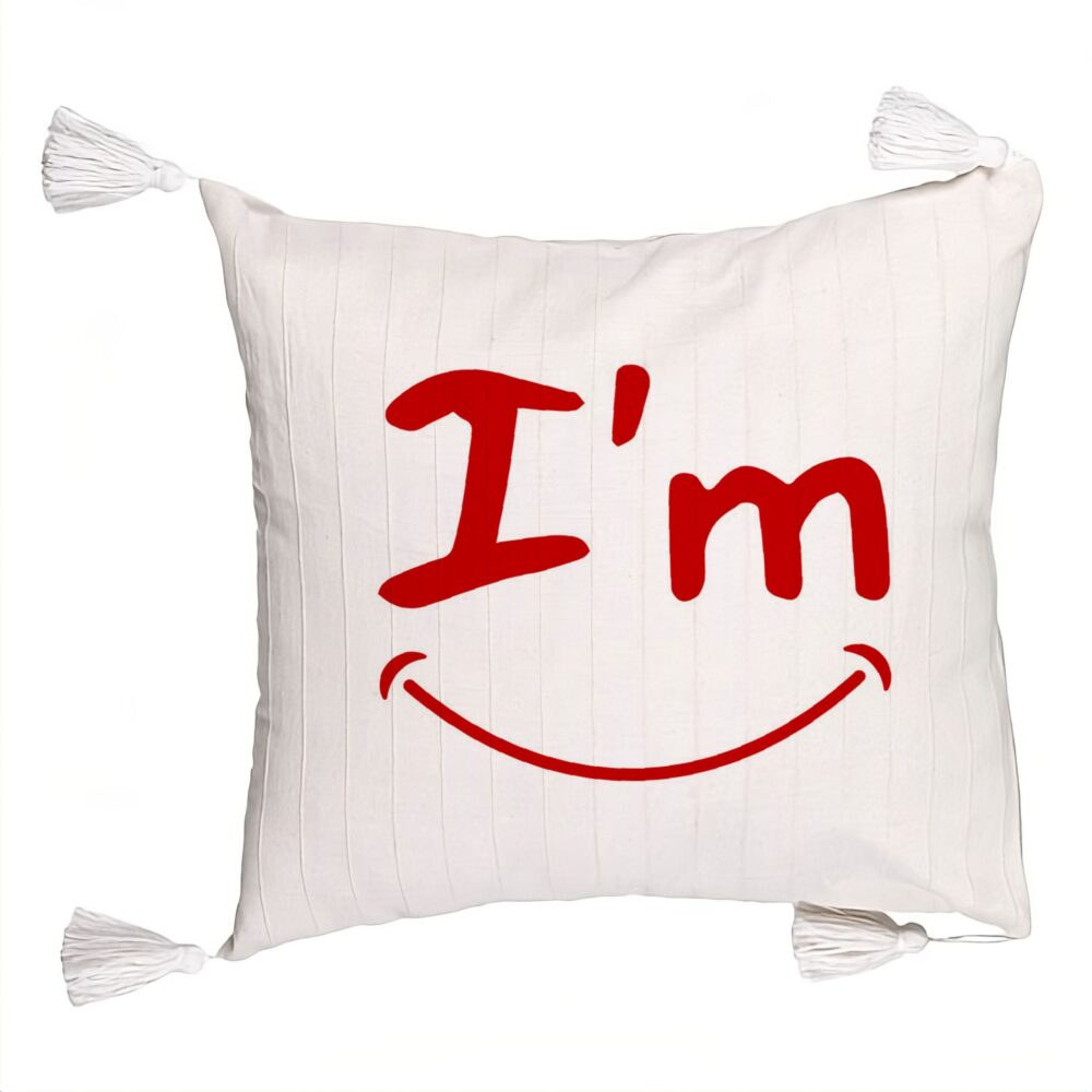 Perna Decorativa cu Franjuri, Model I'm Happy, 45x45 cm, Ecru, Cu fermoar 5 Perna Decorativa cu Franjuri