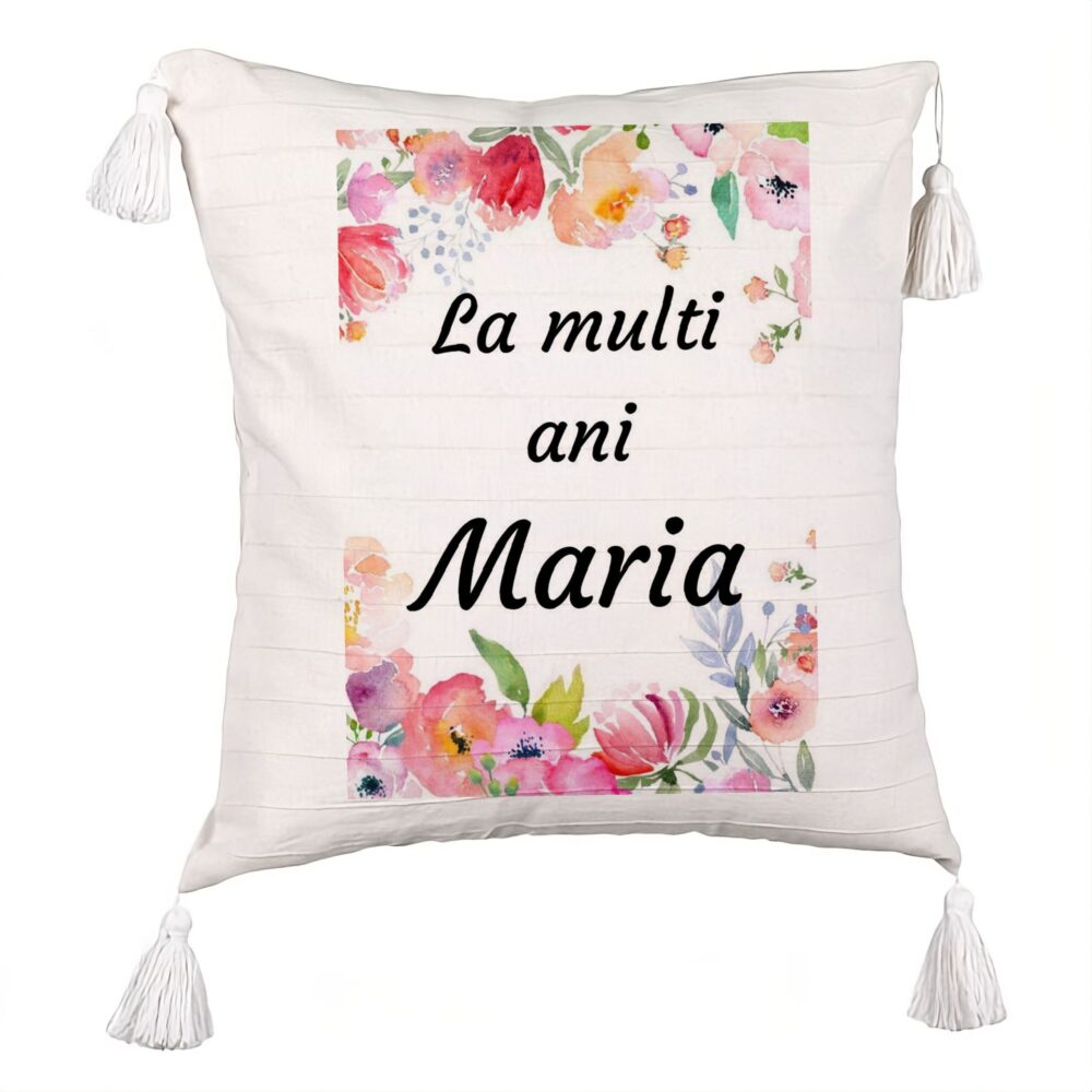 Perna Decorativa cu Franjuri, Model La multi ani Maria 2, 45x45 cm, Ecru, Cu fermoar 5 Perna Decorativa cu Franjuri