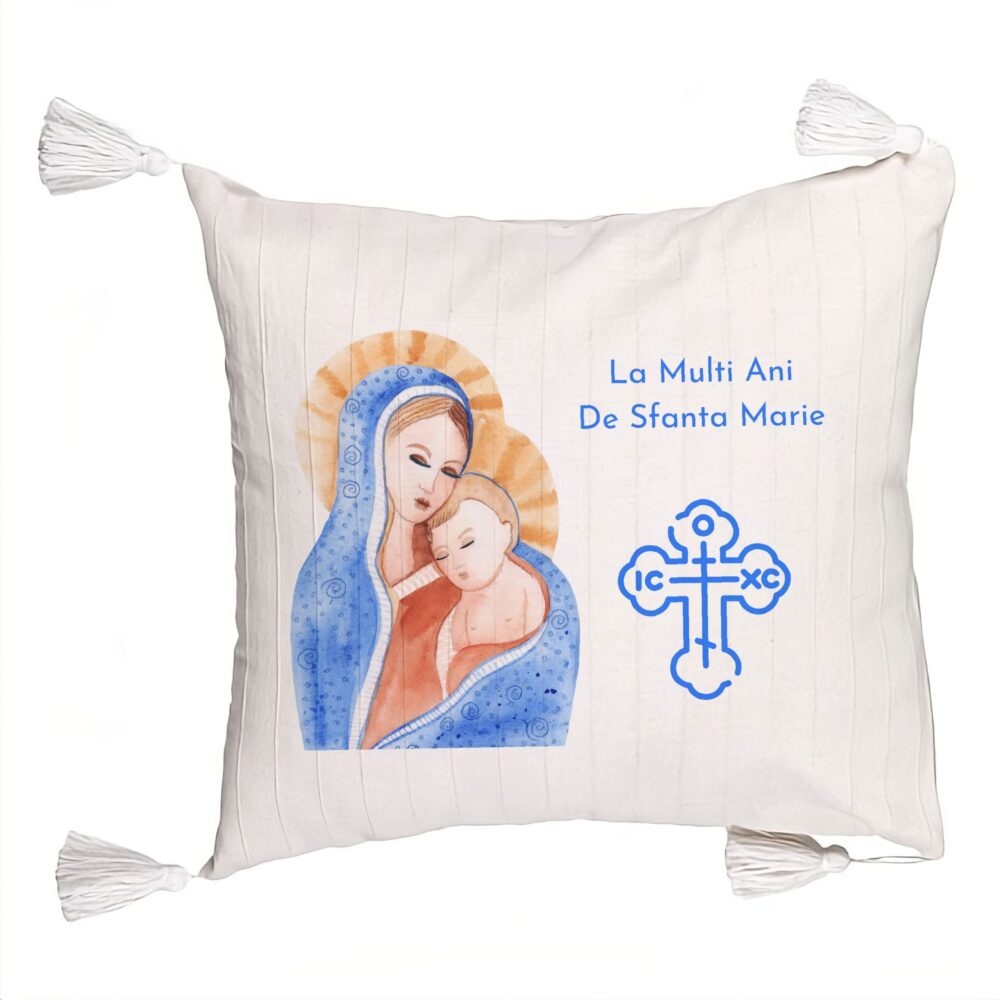 Perna Decorativa cu Franjuri, Model La multi ani de Sfanta Maria, 45x45 cm, Ecru, Cu fermoar 5 Perna Decorativa cu Franjuri