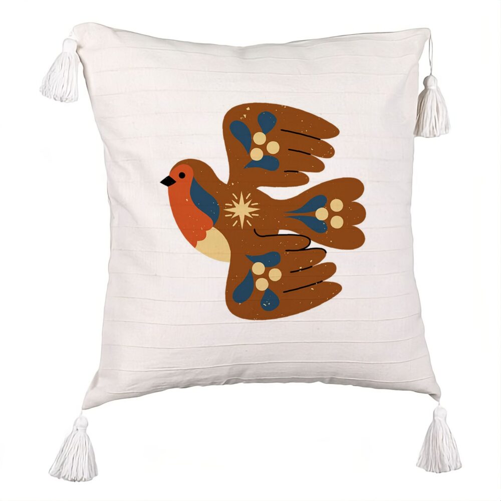 Perna Decorativa cu Franjuri, Model Pasare, 45x45 cm, Ecru, Cu fermoar 5 Perna Decorativa cu Franjuri