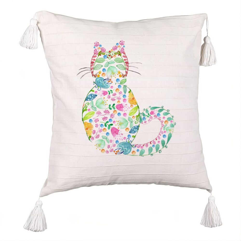 Perna Decorativa cu Franjuri, Model Pisica cu Flori, Multicolor, 45x45 cm, Ecru, Cu fermoar 5 Perna Decorativa cu Franjuri