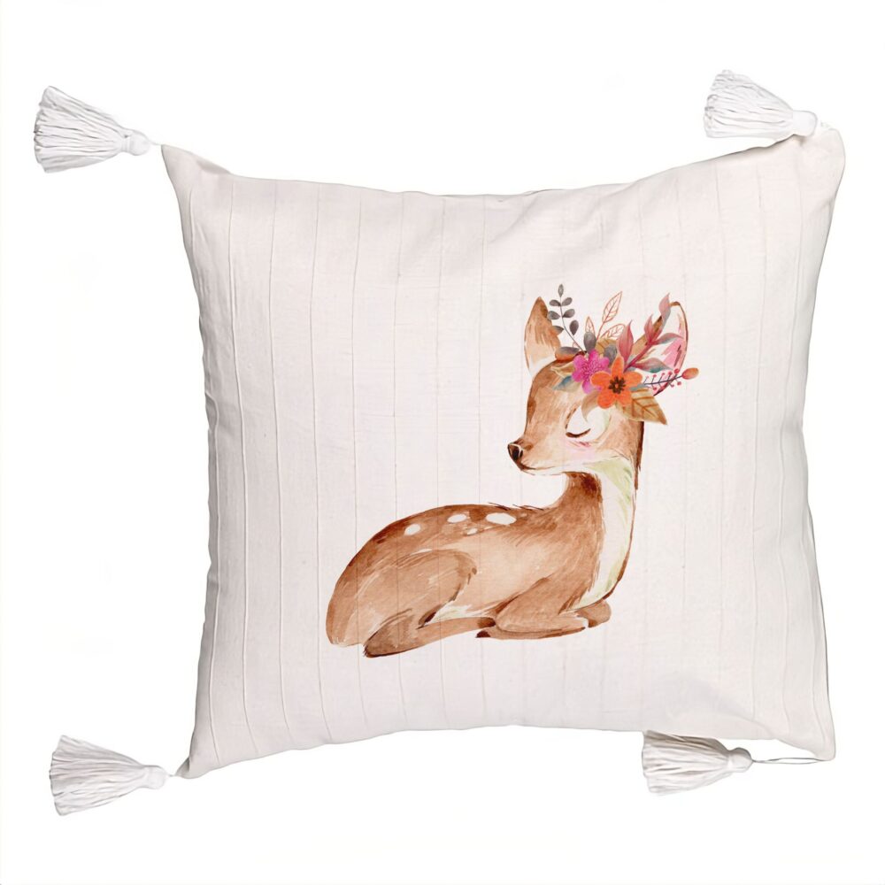 Perna Decorativa cu Franjuri, Model Pui de Caprioara, 45x45 cm, Ecru, Cu fermoar 5 Perna Decorativa cu Franjuri