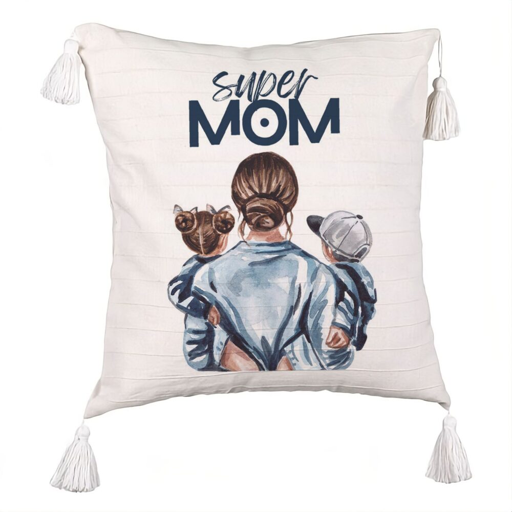 Perna Decorativa cu Franjuri, Model Super Mom, 45x45 cm, Ecru, Cu fermoar 5 Perna Decorativa cu Franjuri