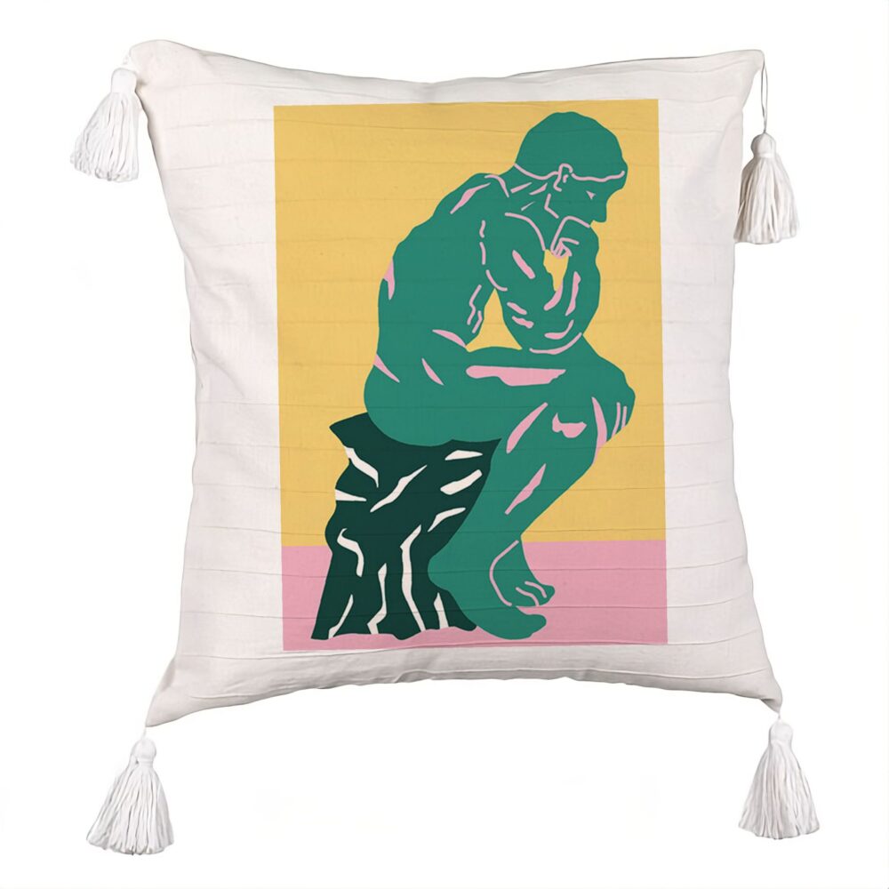 Perna Decorativa cu Franjuri, Model The Thinker, 45x45 cm, Ecru, Cu fermoar 5 Perna Decorativa cu Franjuri