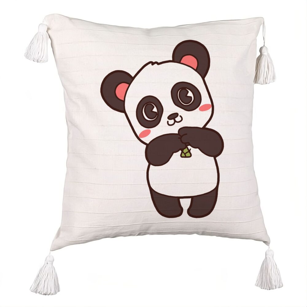 Perna Decorativa cu Franjuri, Model Urs Panda, 45x45 cm, Ecru, Cu fermoar 5 Perna Decorativa cu Franjuri