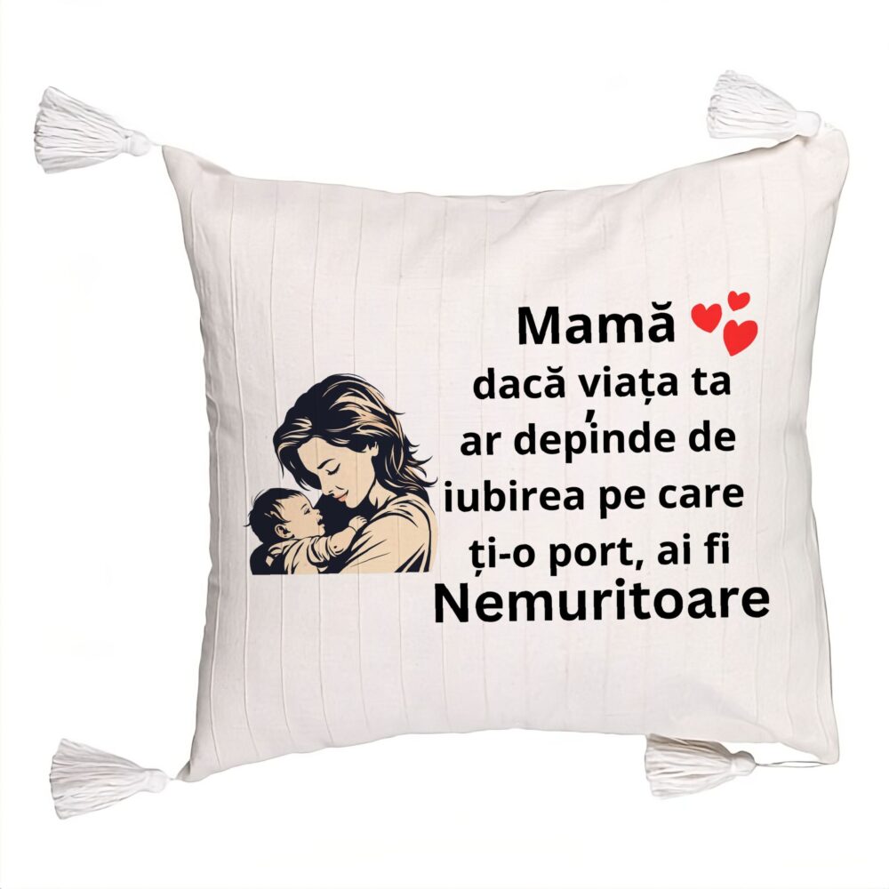 Perna Decorativa cu Franjuri, Model pentru Mama 11, 45x45 cm, Ecru, Cu fermoar 5 Perna Decorativa cu Franjuri