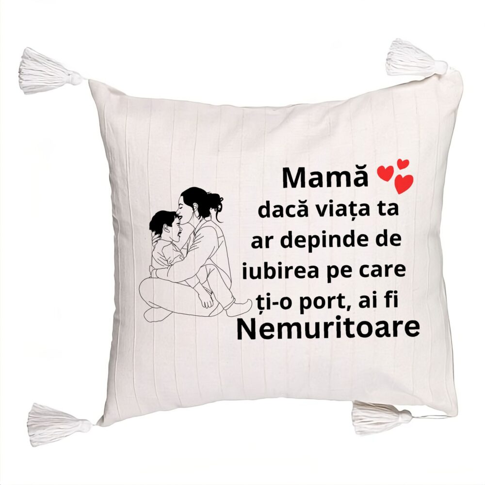 Perna Decorativa cu Franjuri, Model pentru Mama 5, 45x45 cm, Ecru, Cu fermoar 5 Perna Decorativa cu Franjuri