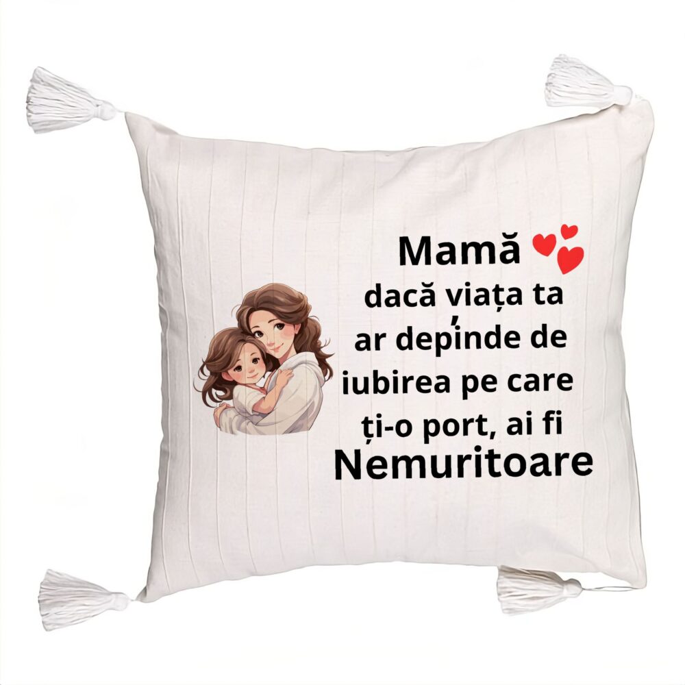 Perna Decorativa cu Franjuri, Model pentru Mama 6, 45x45 cm, Ecru, Cu fermoar 5 Perna Decorativa cu Franjuri