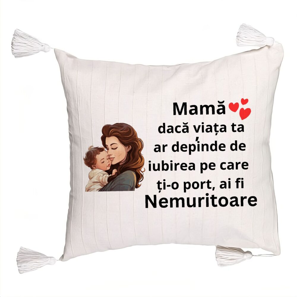 Perna Decorativa cu Franjuri, Model pentru Mama 8, 45x45 cm, Ecru, Cu fermoar 5 Perna Decorativa cu Franjuri