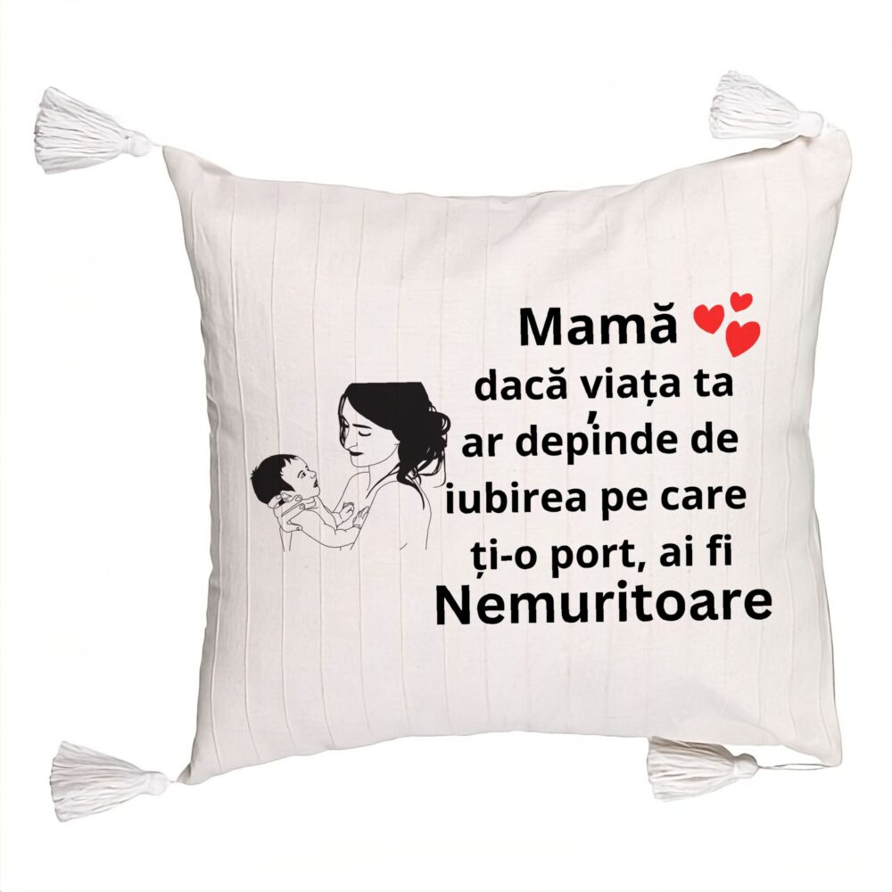 Perna Decorativa cu Franjuri, Model pentru Mama 9, 45x45 cm, Ecru, Cu fermoar 5 Perna Decorativa cu Franjuri