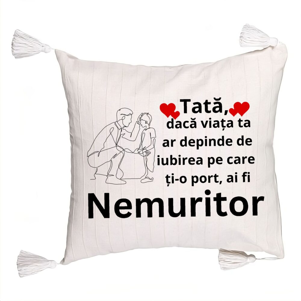 Perna Decorativa cu Franjuri, Model pentru Tata 4, 45x45 cm, Ecru, Cu fermoar 5 Perna Decorativa cu Franjuri