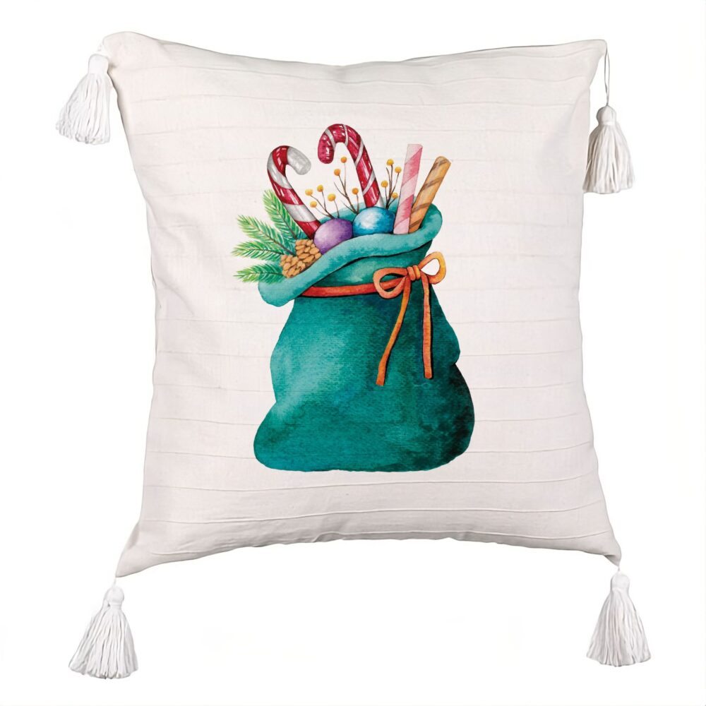 Perna Decorativa cu Franjuri Sacul lui Mos Craciun cu cadouri, 45x45 cm, Ecru, Cu fermoar 5 Perna Decorativa cu Franjuri Sacul lui Mos Craciun cu cadouri