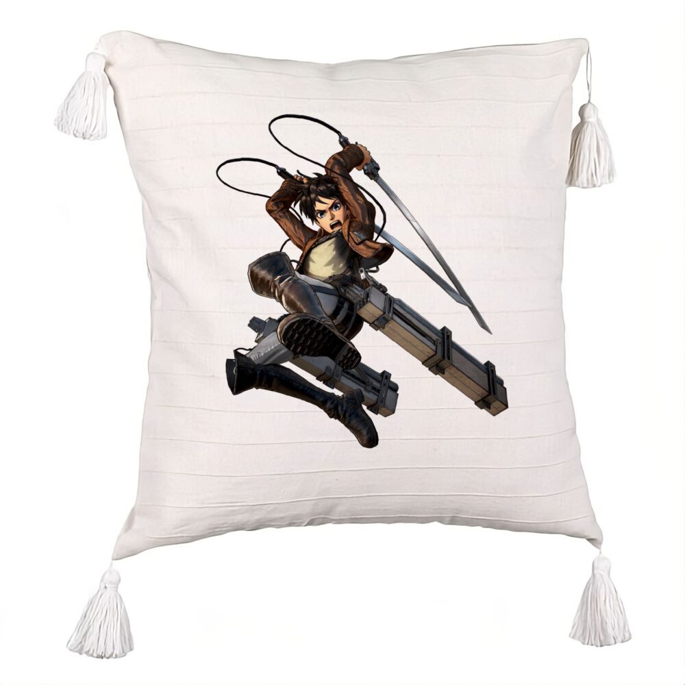 Perna Decorativa cu Franjuri cu Attack on Titan Eren Yeager, 45x45 cm, Ecru, Cu fermoar 5 Perna Decorativa cu Franjuri cu Attack on Titan Eren Yeager