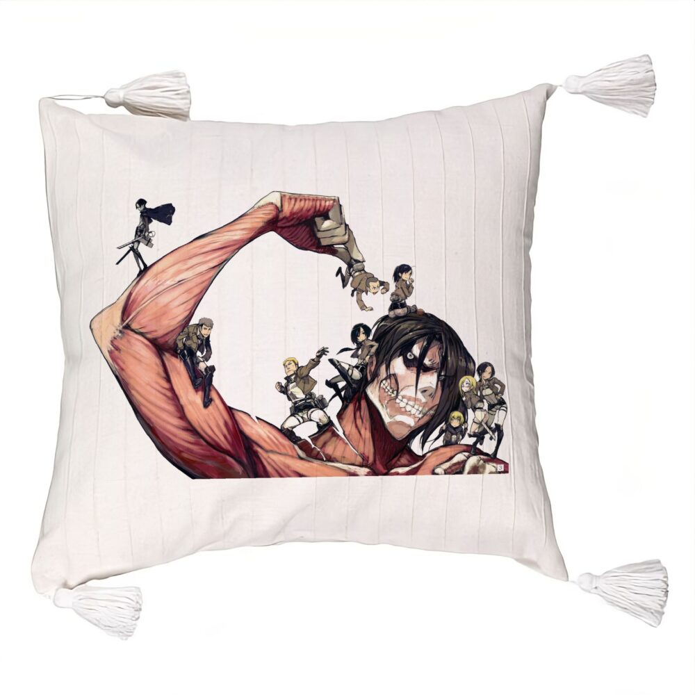Perna Decorativa cu Franjuri cu Attack on Titan Giant, 45x45 cm, Ecru, Cu fermoar 5 Perna Decorativa cu Franjuri cu Attack on Titan Giant