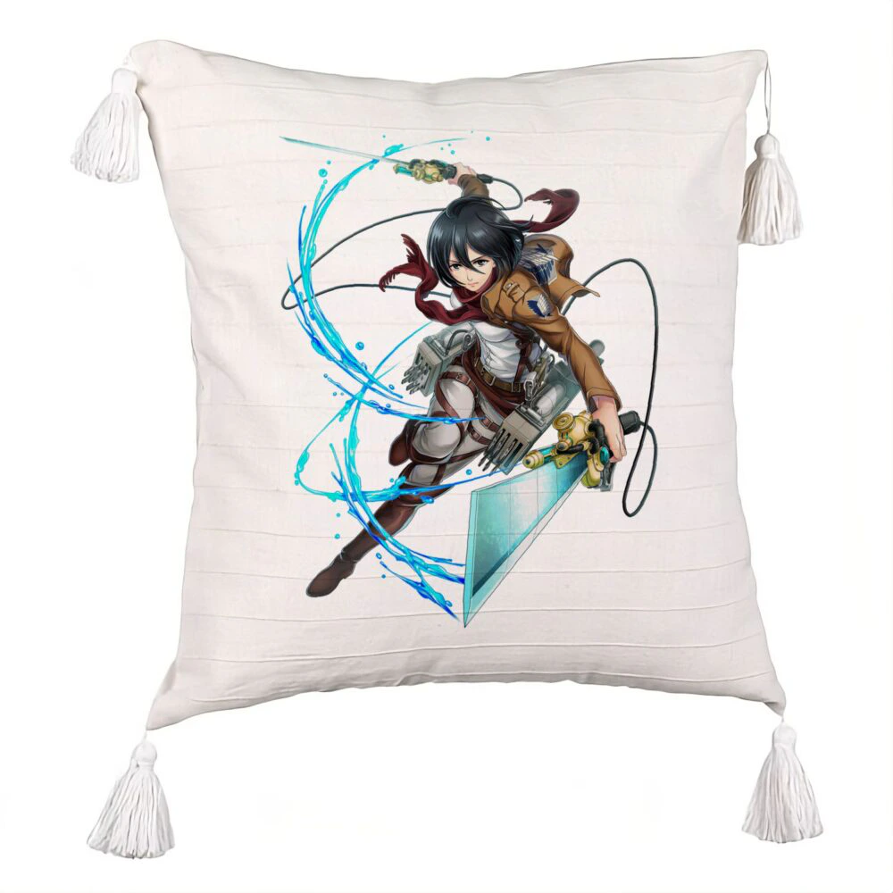 Perna Decorativa cu Franjuri cu Attack on Titan Mikasa, 45x45 cm, Ecru, Cu fermoar 5 Perna Decorativa cu Franjuri cu Attack on Titan Mikasa