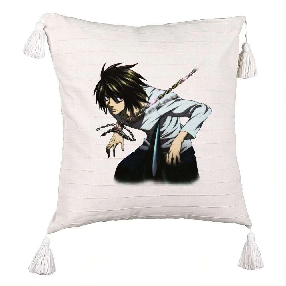 Perna Decorativa cu Franjuri cu Death Note L, 45x45 cm, Ecru, Cu fermoar 5 Perna Decorativa cu Franjuri cu Death Note L
