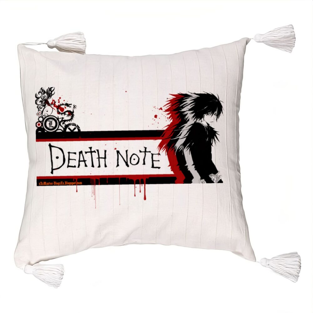 Perna Decorativa cu Franjuri cu Death note 3, 45x45 cm, Ecru, Cu fermoar 5 Perna Decorativa cu Franjuri cu Death note 3