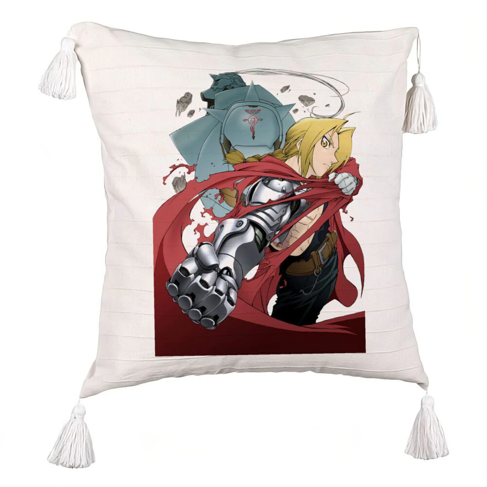 Perna Decorativa cu Franjuri cu Full Metal Alchemist Edward Elric, 45x45 cm, Ecru, Cu fermoar 5 Perna Decorativa cu Franjuri cu Full Metal Alchemist Edward Elric