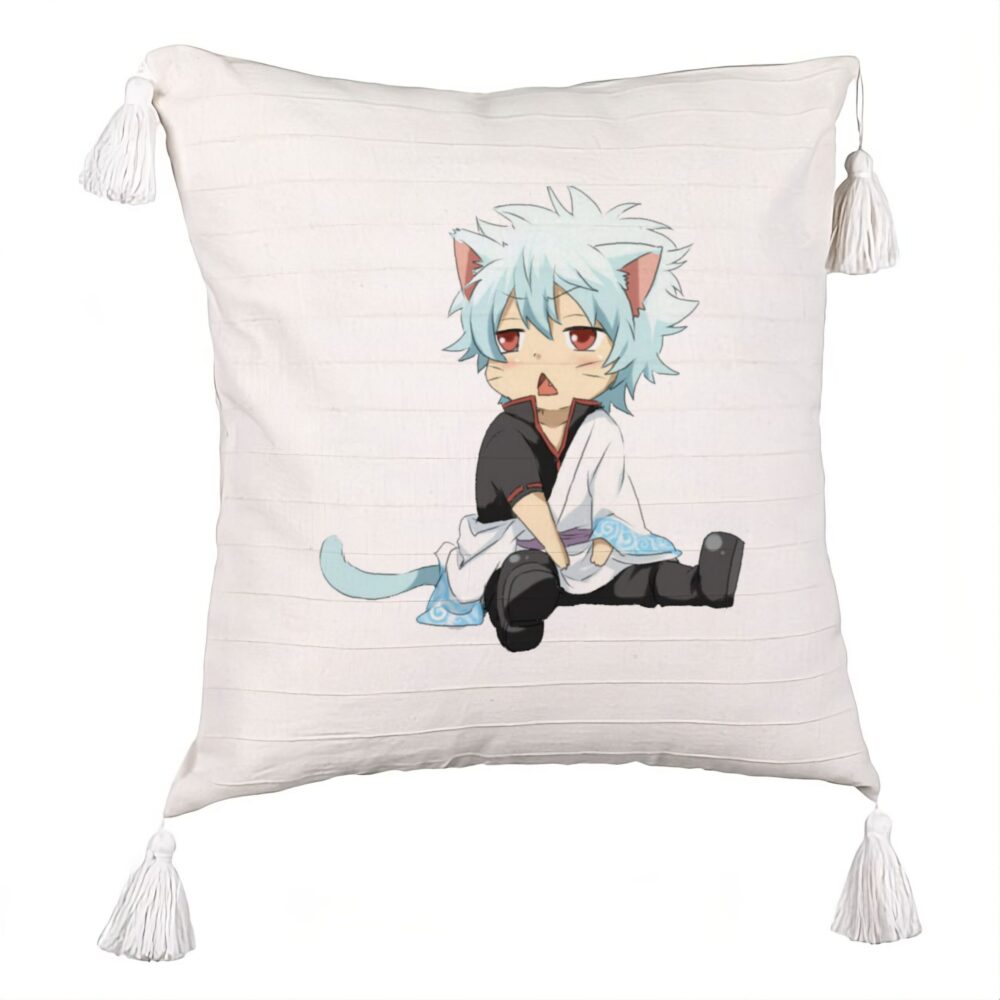 Perna Decorativa cu Franjuri cu Gintama Gin Cat, 45x45 cm, Ecru, Cu fermoar 5 Perna Decorativa cu Franjuri cu Gintama Gin Cat