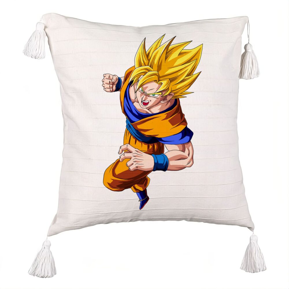 Perna Decorativa cu Franjuri cu Goku Angry, 45x45 cm, Ecru, Cu fermoar 5 Perna Decorativa cu Franjuri cu Goku Angry