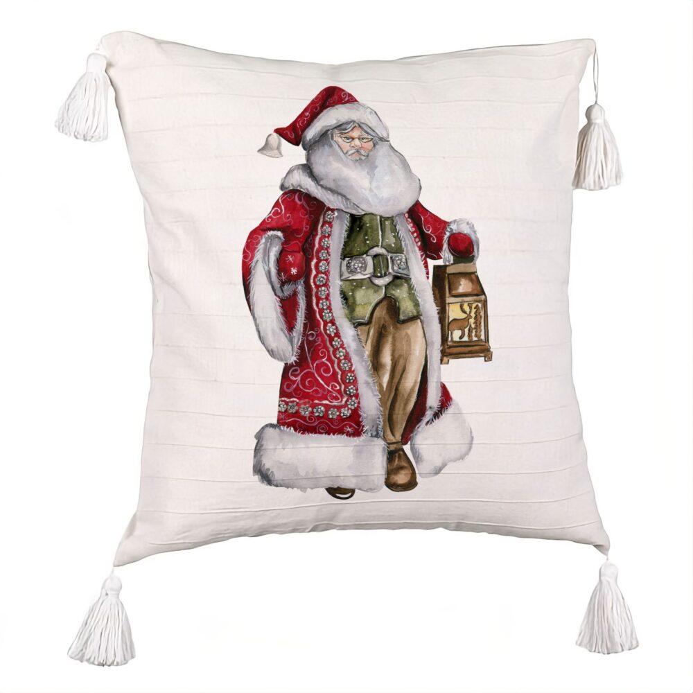 Perna Decorativa cu Franjuri cu Mos Craciun 1, 45x45 cm, Ecru, Cu fermoar 5 Perna Decorativa cu Franjuri cu Mos Craciun 1