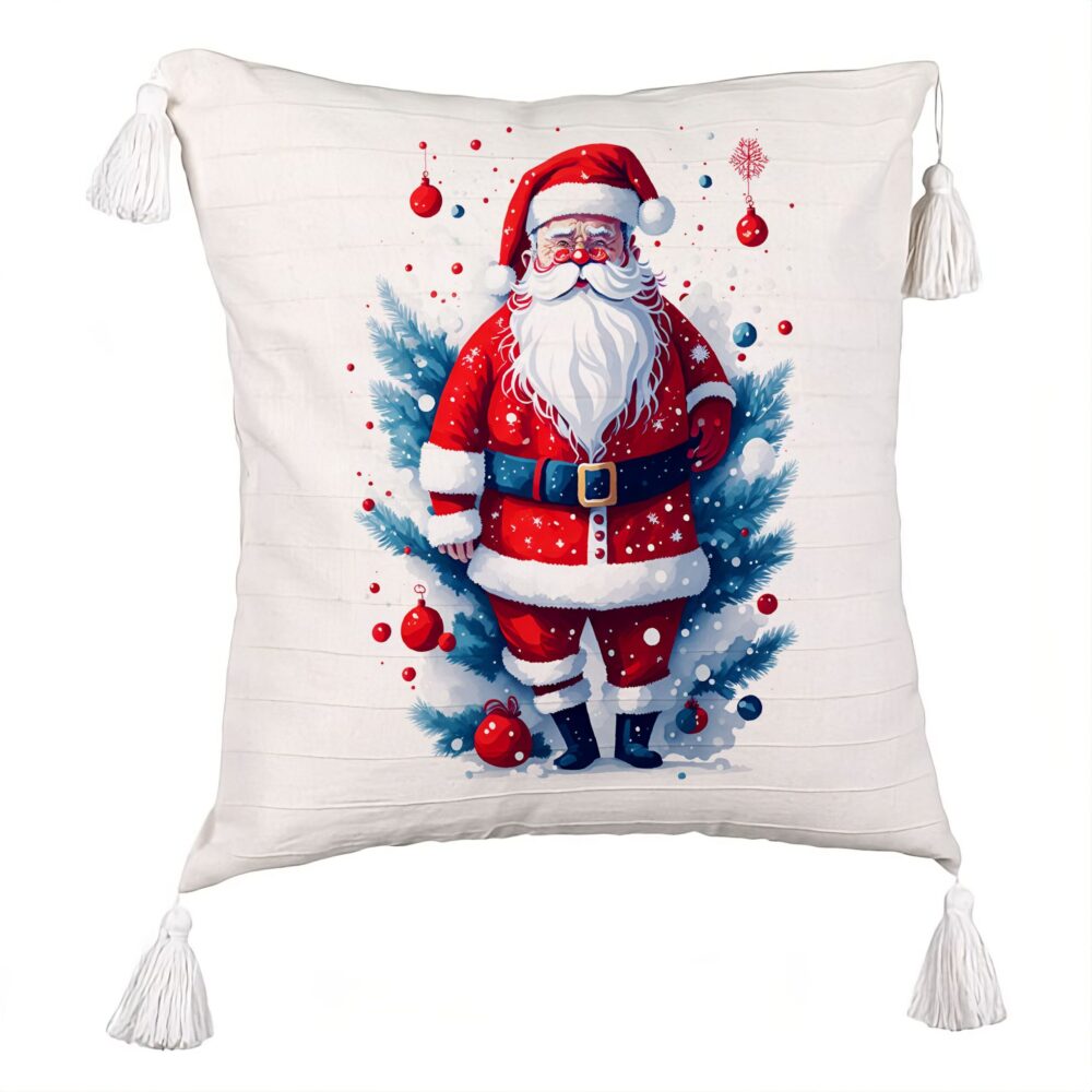 Perna Decorativa cu Franjuri cu Mos Craciun 2, 45x45 cm, Ecru, Cu fermoar 5 Perna Decorativa cu Franjuri cu Mos Craciun 2