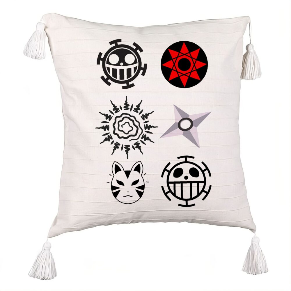 Perna Decorativa cu Franjuri cu Naruto symbols, 45x45 cm, Ecru, Cu fermoar 5 Perna Decorativa cu Franjuri cu Naruto symbols