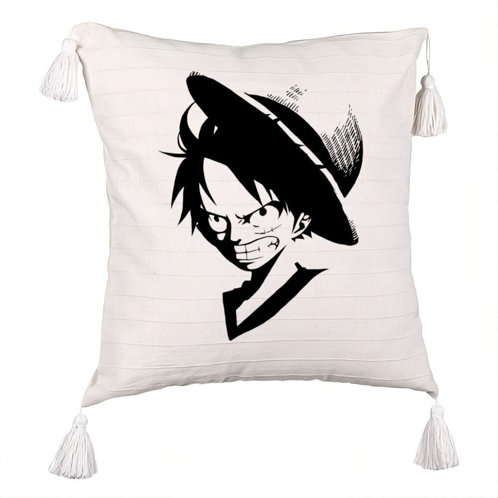 Perna Decorativa cu Franjuri cu One piece Luffy Black, 45x45 cm, Ecru, Cu fermoar 5 Perna Decorativa cu Franjuri cu One piece Luffy Black
