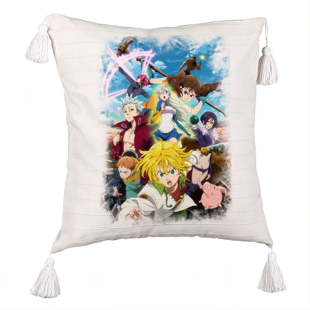 Perna Decorativa cu Franjuri cu Seven Deadly Sins, 45x45 cm, Ecru, Cu fermoar 5 Perna Decorativa cu Franjuri cu Seven Deadly Sins