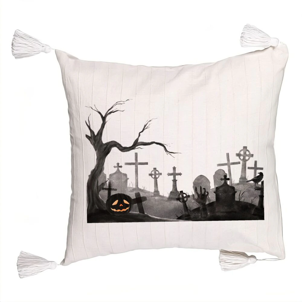 Perna Decorativa cu Franjuri cu motiv Cimitir de Halloween, 45x45 cm, Ecru, Cu fermoar 5 Perna Decorativa cu Franjuri cu motiv Cimitir de Halloween