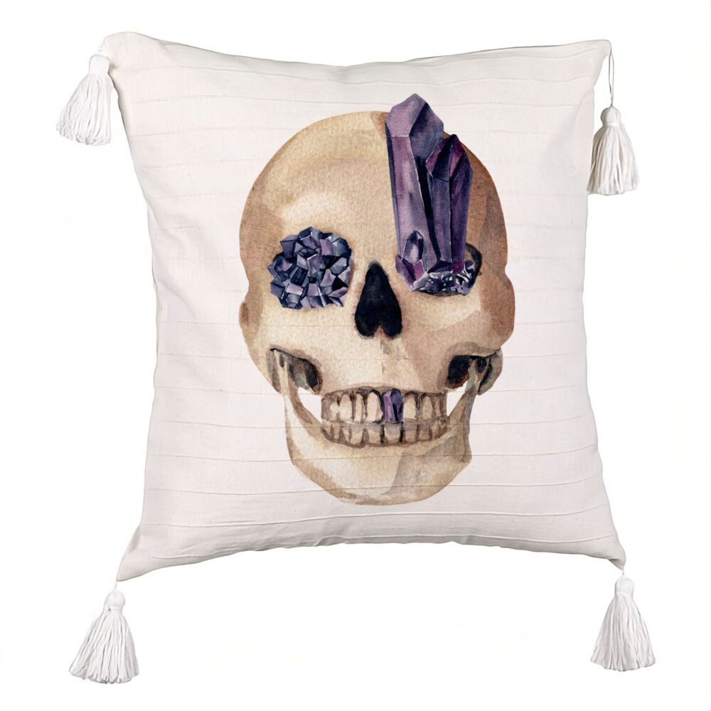 Perna Decorativa cu Franjuri cu motiv Craniu de Halloween, 1, 45x45 cm, Ecru, Cu fermoar 5 Perna Decorativa cu Franjuri cu motiv Craniu de Halloween