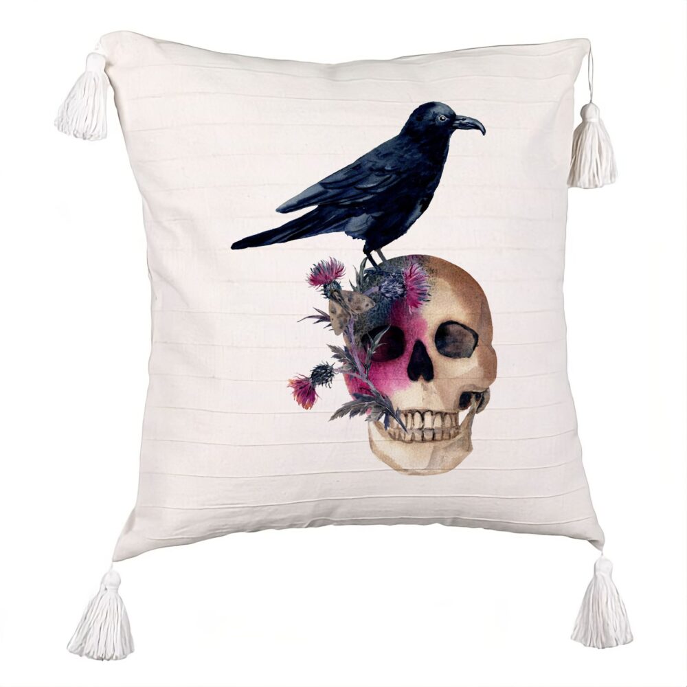 Perna Decorativa cu Franjuri cu motiv Craniu si Cioara de Halloween, 45x45 cm, Ecru, Cu fermoar 5 Perna Decorativa cu Franjuri cu motiv Craniu si Cioara de Halloween