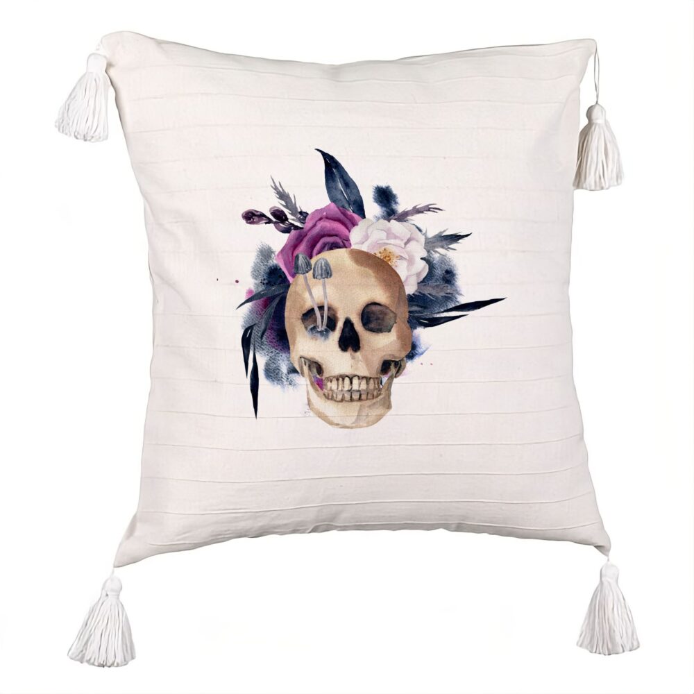 Perna Decorativa cu Franjuri cu motiv Craniu si Flori de Halloween, 45x45 cm, Ecru, Cu fermoar 5 Perna Decorativa cu Franjuri cu motiv Craniu si Flori de Halloween