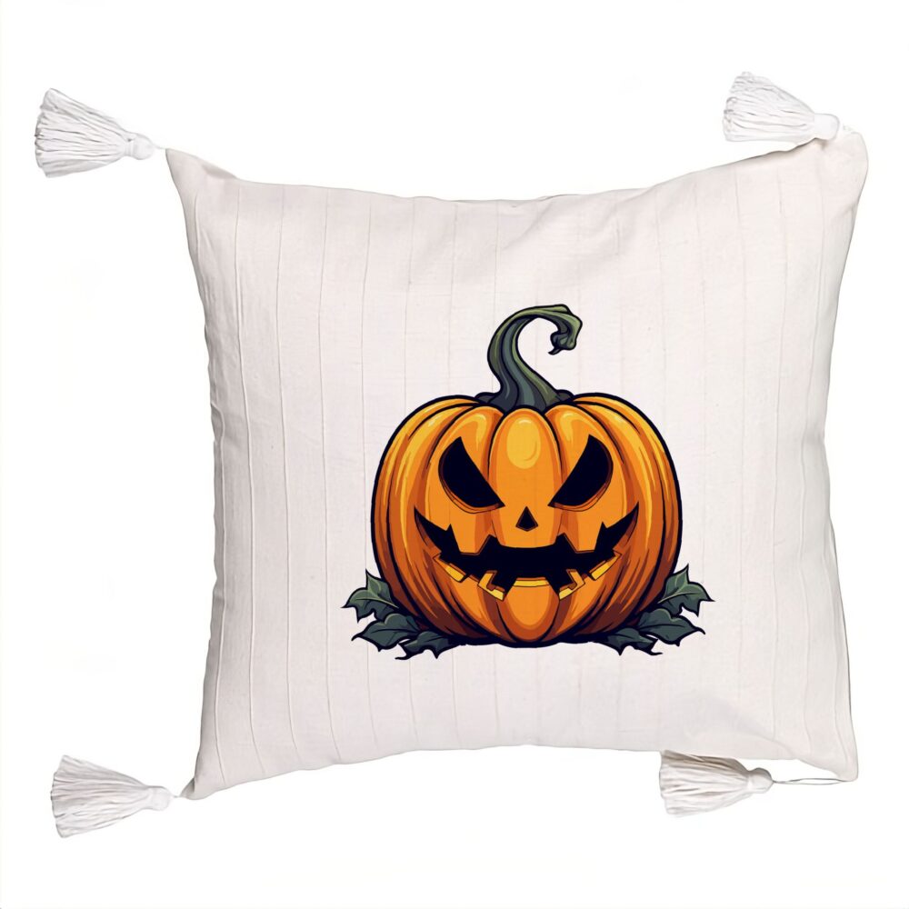 Perna Decorativa cu Franjuri cu motiv Dovleac de Halloween 1, 45x45 cm, Ecru, Cu fermoar 5 Perna Decorativa cu Franjuri cu motiv Dovleac de Halloween 1