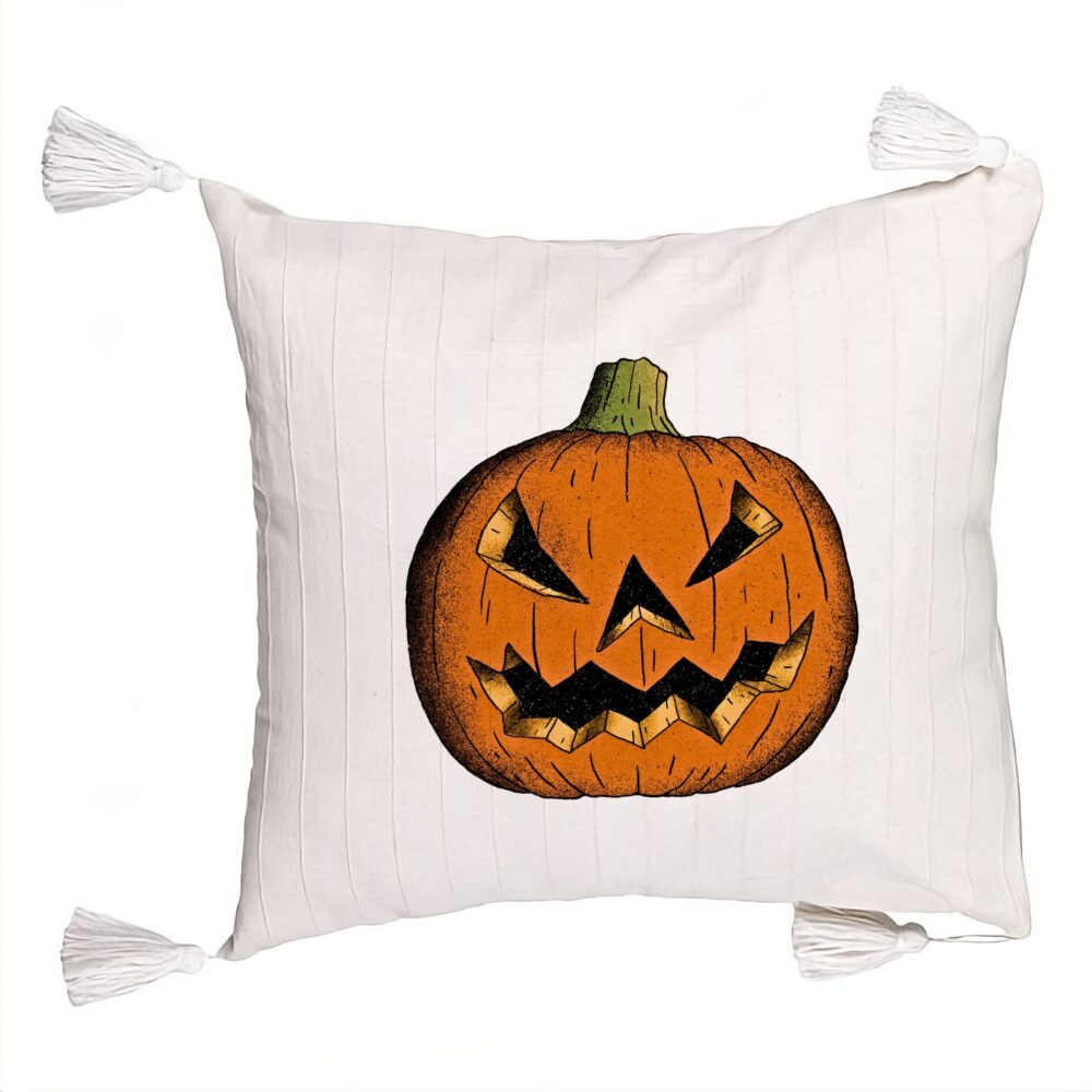 Perna Decorativa cu Franjuri cu motiv Dovleac de Halloween 2, 45x45 cm, Ecru, Cu fermoar 5 Perna Decorativa cu Franjuri cu motiv Dovleac de Halloween 2