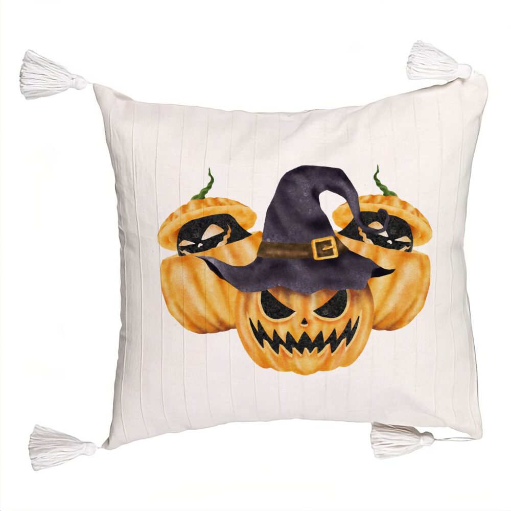 Perna Decorativa cu Franjuri cu motiv Dovleac de Halloween 3, 45x45 cm, Ecru, Cu fermoar 5 Perna Decorativa cu Franjuri cu motiv Dovleac de Halloween 3