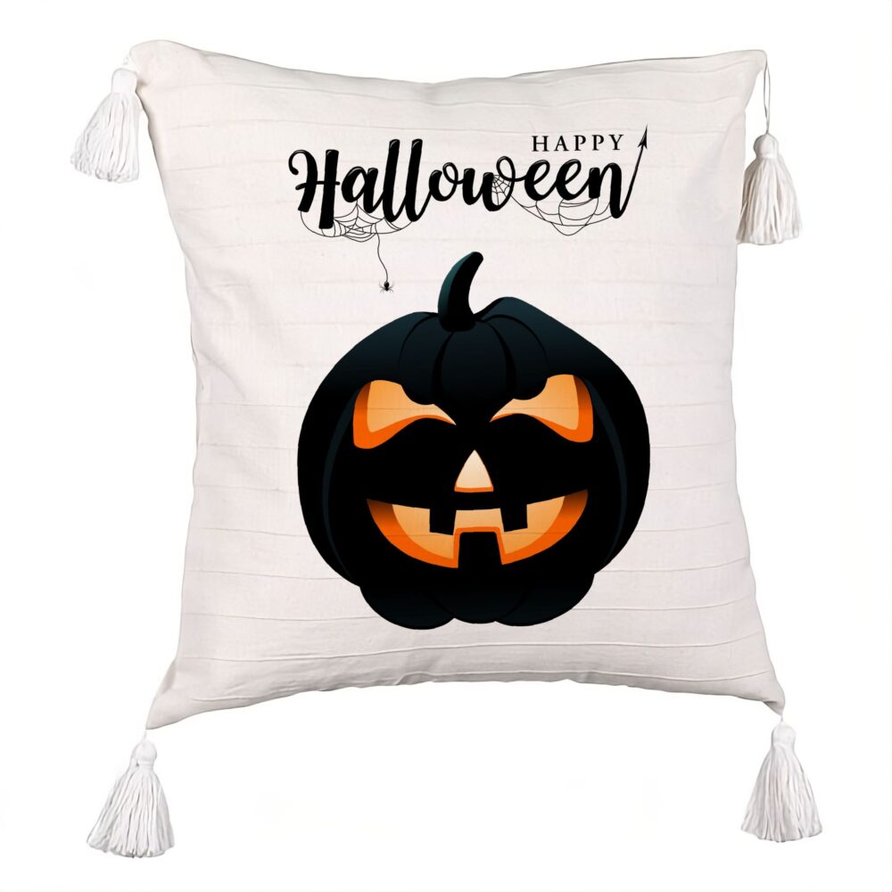 Perna Decorativa cu Franjuri cu motiv Dovleac de Halloween si Text, 45x45 cm, Ecru, Cu fermoar 5 Perna Decorativa cu Franjuri cu motiv Dovleac de Halloween si Text