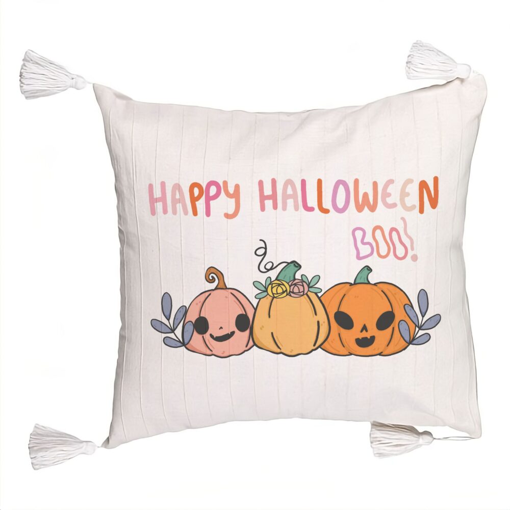 Perna Decorativa cu Franjuri cu motiv Dovleac si Text de Halloween, Multicolor, 45x45 cm, Ecru, Cu fermoar 5 Perna Decorativa cu Franjuri cu motiv Dovleac si Text de Halloween