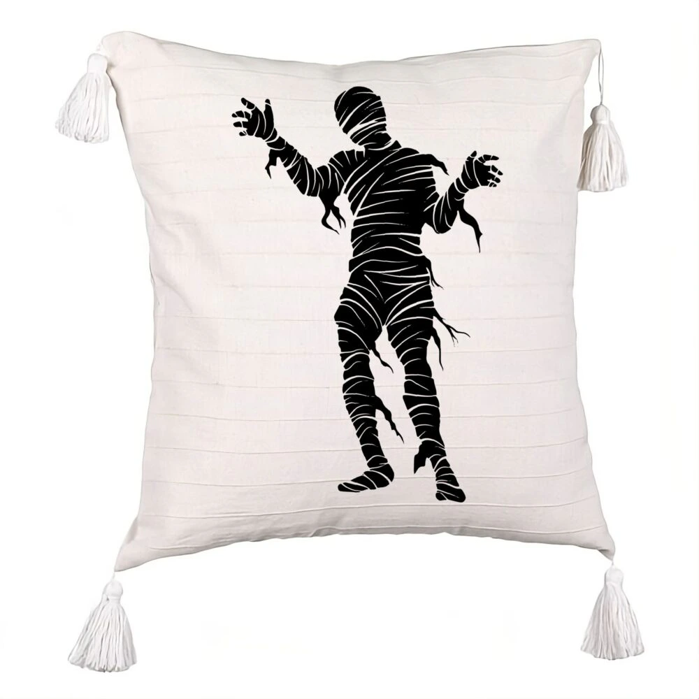 Perna Decorativa cu Franjuri cu motiv Mumie de Halloween 2, 45x45 cm, Ecru, Cu fermoar 5 Perna Decorativa cu Franjuri cu motiv Mumie de Halloween 2