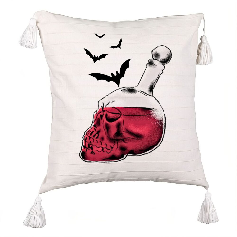 Perna Decorativa cu Franjuri cu motiv Sticla Craniu de Halloween 1, 45x45 cm, Ecru, Cu fermoar 5 Perna Decorativa cu Franjuri cu motiv Sticla Craniu de Halloween 1