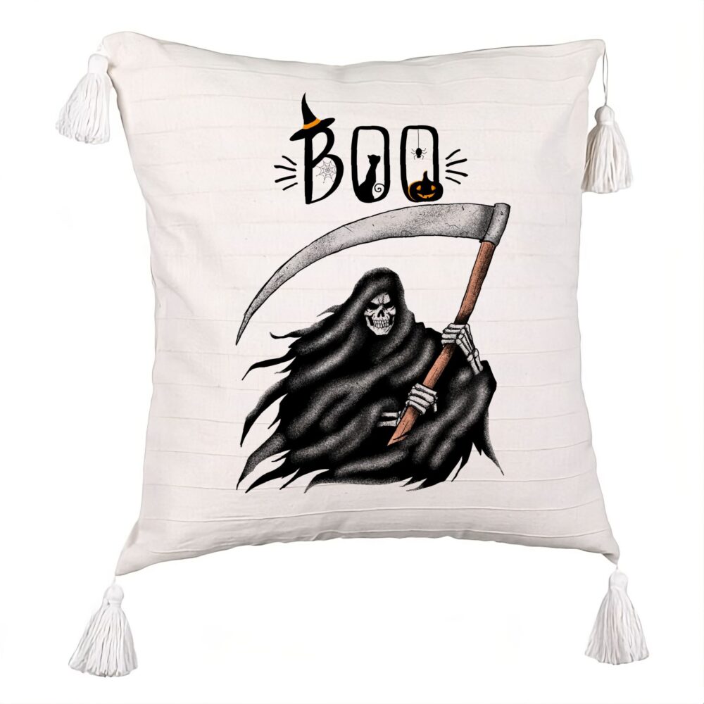 Perna Decorativa cu Franjuri cu motiv The Grim Reaper, de Halloween, 45x45 cm, Ecru, Cu fermoar 5 Perna Decorativa cu Franjuri cu motiv The Grim Reaper