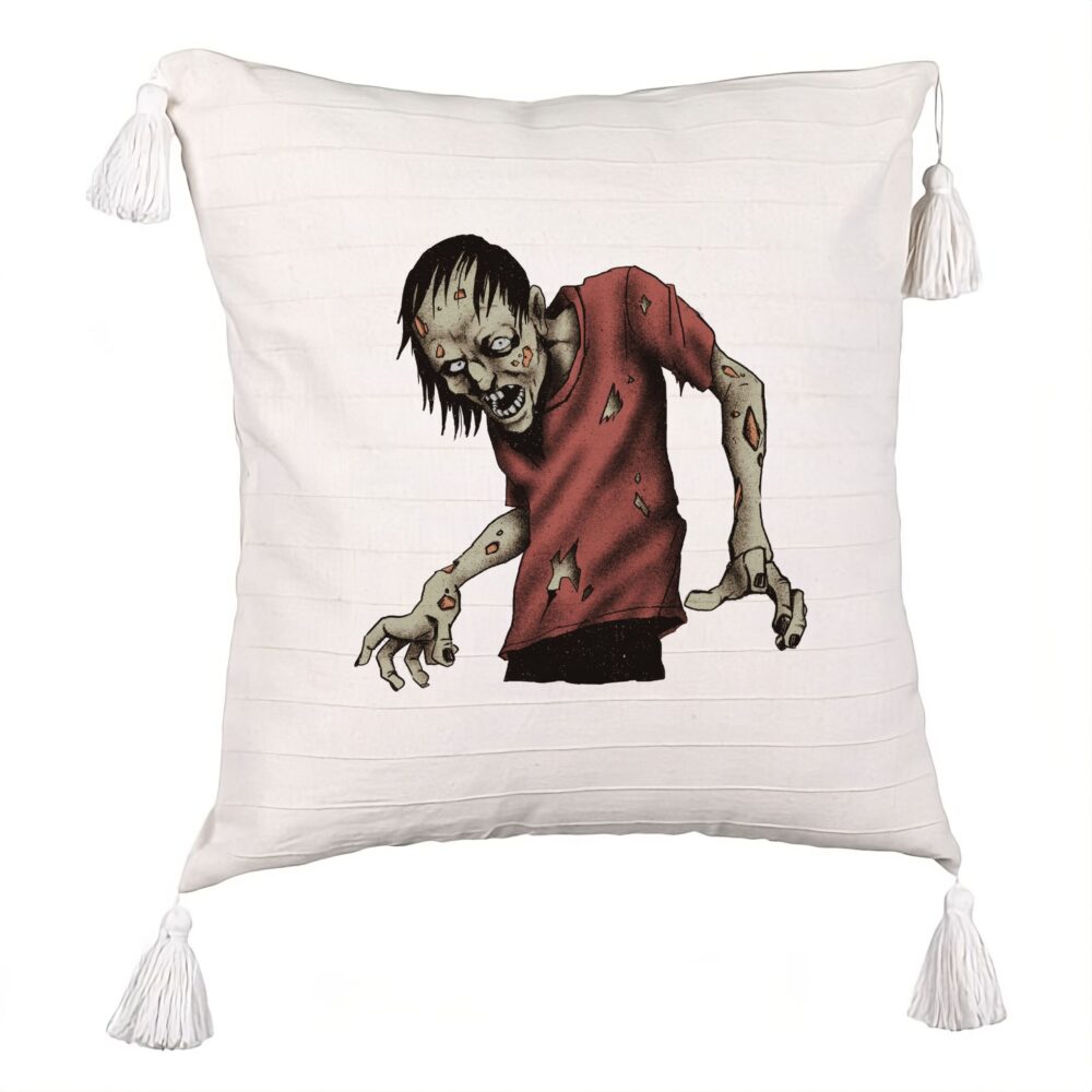 Perna Decorativa cu Franjuri cu motiv Zombie de Halloween 1, 45x45 cm, Ecru, Cu fermoar 5 Perna Decorativa cu Franjuri cu motiv Zombie de Halloween 1