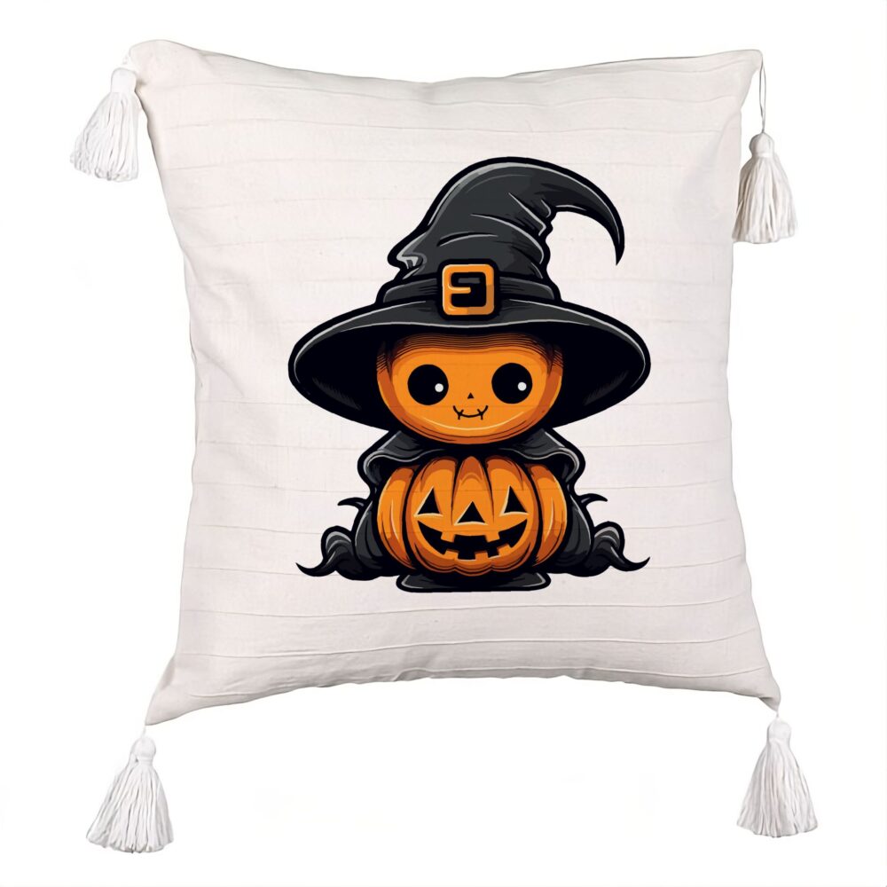 Perna Decorativa cu Franjuri cu motiv de Halloween 1, 45x45 cm, Ecru, Cu fermoar 5 Perna Decorativa cu Franjuri cu motiv de Halloween 1