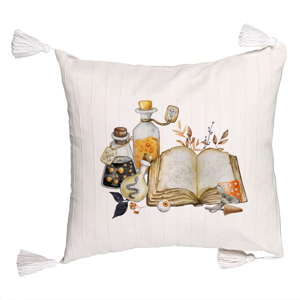 Perna Decorativa cu Franjuri cu motiv de Halloween 11, 45x45 cm, Ecru, Cu fermoar 5 Perna Decorativa cu Franjuri cu motiv de Halloween 11