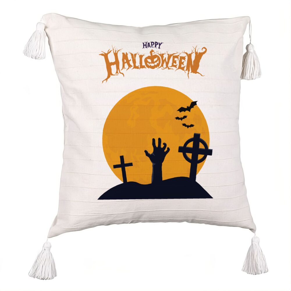 Perna Decorativa cu Franjuri cu motiv de Halloween 2, 45x45 cm, Ecru, Cu fermoar 5 Perna Decorativa cu Franjuri cu motiv de Halloween 2