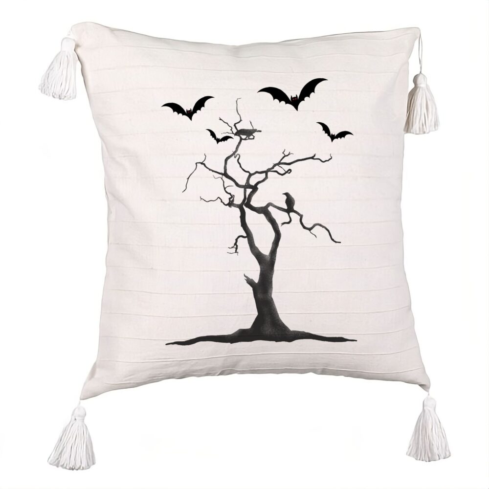 Perna Decorativa cu Franjuri cu motiv de Halloween 3, 45x45 cm, Ecru, Cu fermoar 5 Perna Decorativa cu Franjuri cu motiv de Halloween 3
