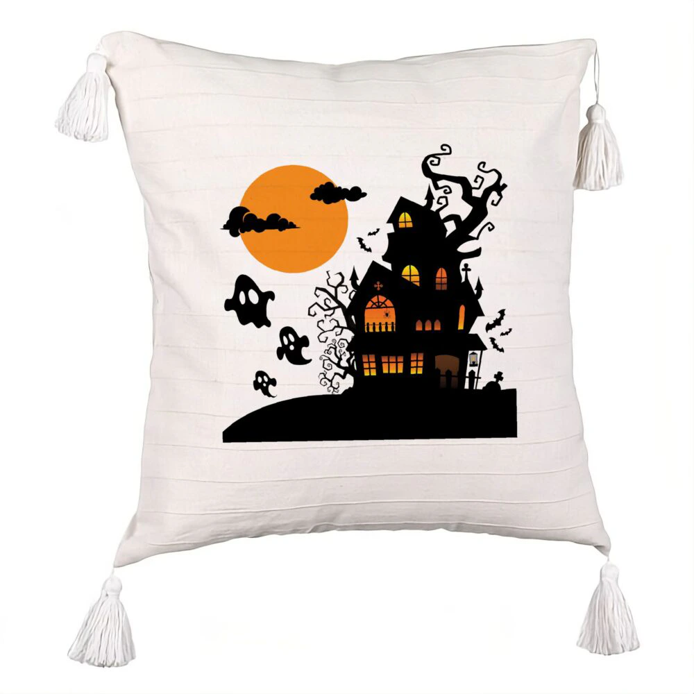 Perna Decorativa cu Franjuri cu motiv de Halloween 4, 45x45 cm, Ecru, Cu fermoar 5 Perna Decorativa cu Franjuri cu motiv de Halloween 4