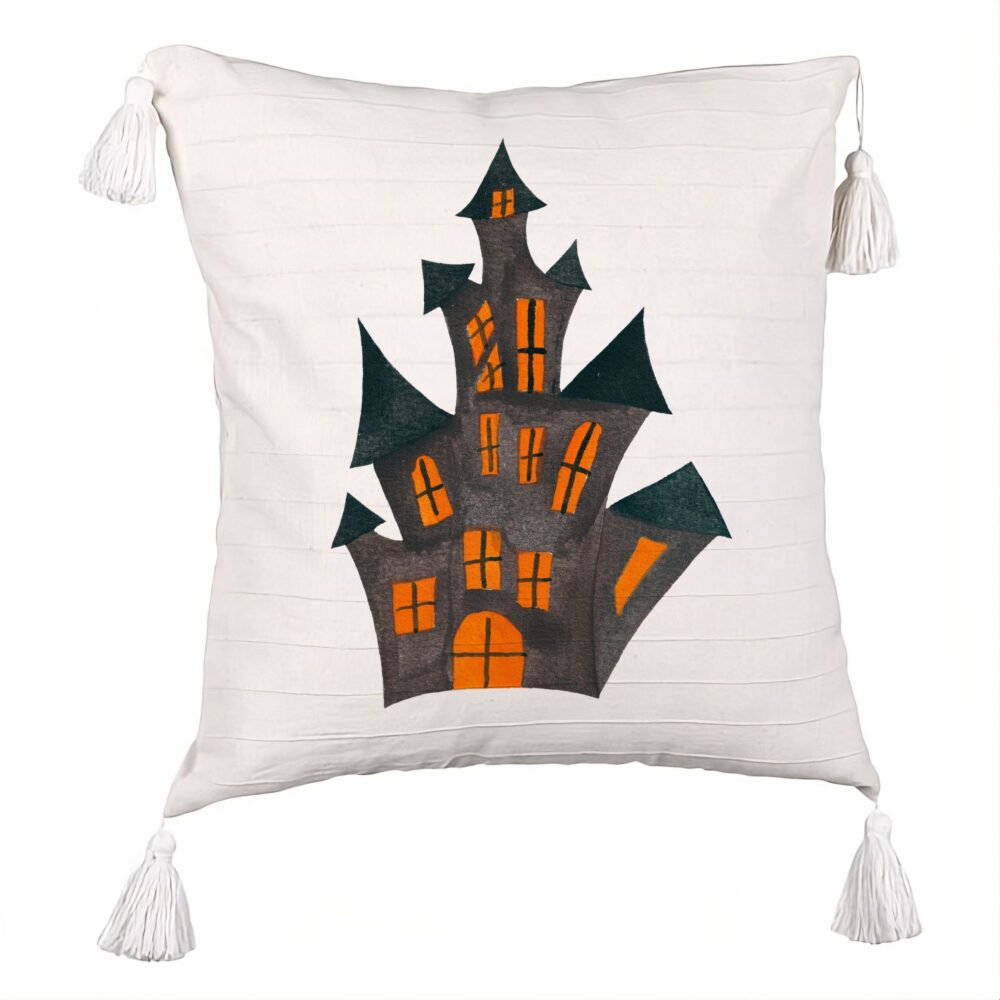 Perna Decorativa cu Franjuri cu motiv de Halloween 6, 45x45 cm, Ecru, Cu fermoar 5 Perna Decorativa cu Franjuri cu motiv de Halloween 6
