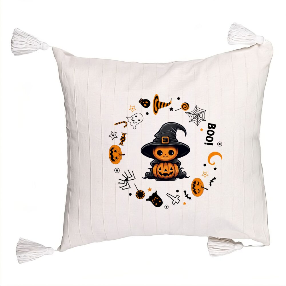 Perna Decorativa cu Franjuri cu motiv de Halloween 7, 45x45 cm, Ecru, Cu fermoar 5 Perna Decorativa cu Franjuri cu motiv de Halloween 7